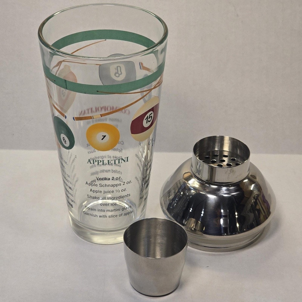 Billiards‎ Pool Balls Glass Recipe Cocktail Shaker Vintage Game Room Home Decor